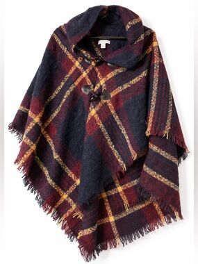 Charter Club Navy, Burgundy & Mustard Plaid Toggle Poncho